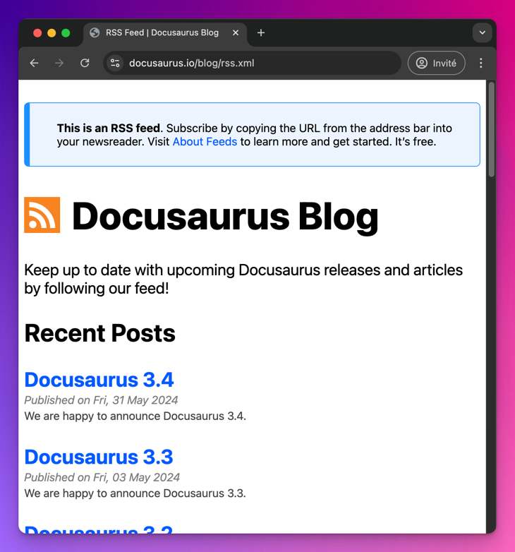 Docusaurus 博客 RSS Feed 的屏幕截图，样式精美