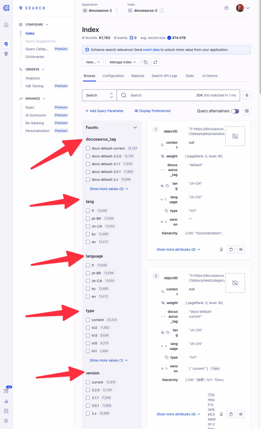 Algolia 索引显示适当的方面字段