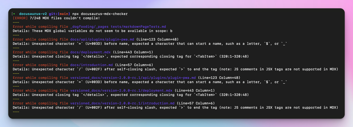 终端屏幕截图，显示 MDX 检查器 CLI 输出示例，其中包含一些错误消息