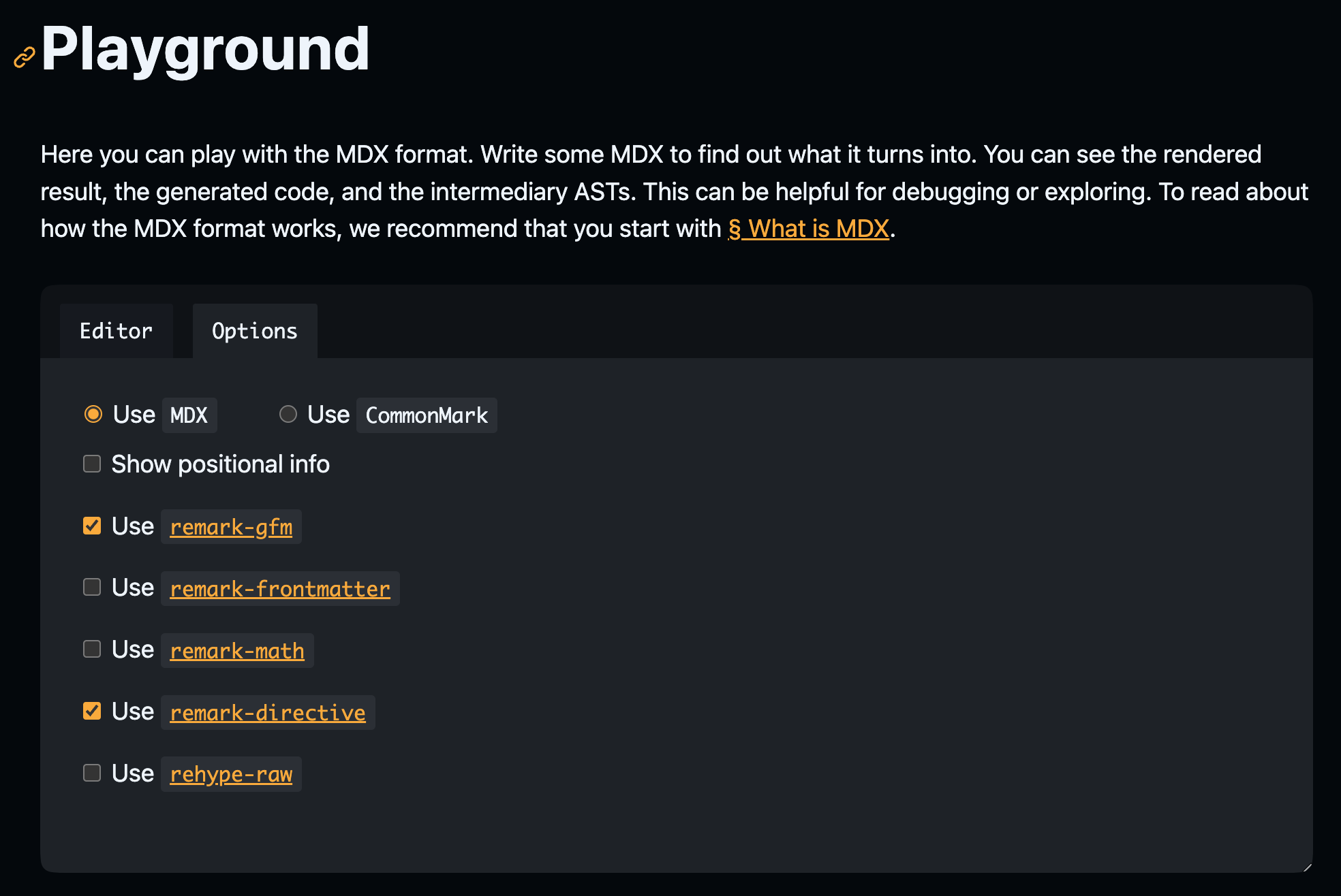 MDX playground 选项面板的屏幕截图，仅选中“使用 MDX”、“使用 remark-gfm”和“使用 remark-directive”选项